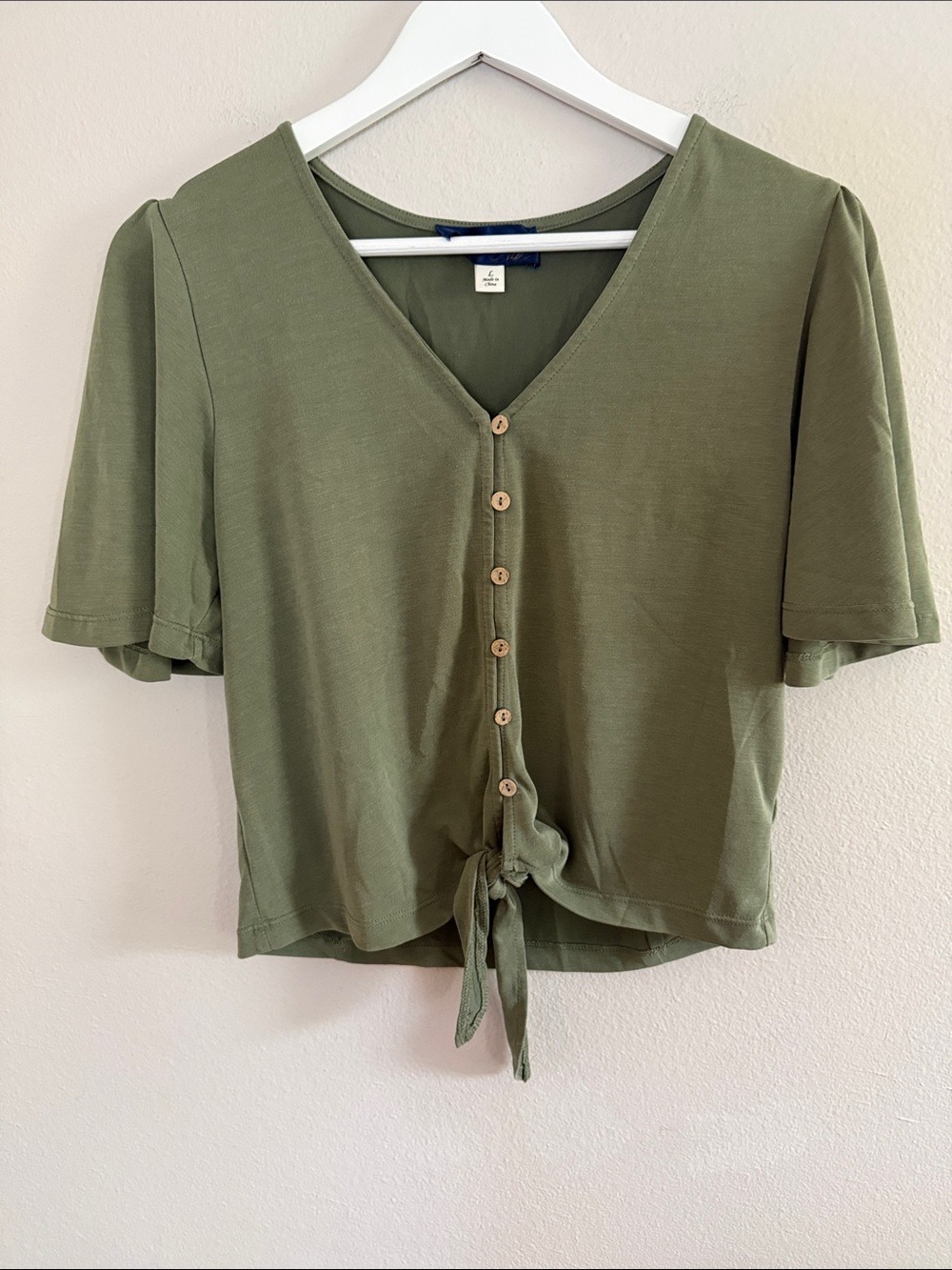 Blue Rain francesca's Olive Tie-Front Button Down Top L [PH0890]